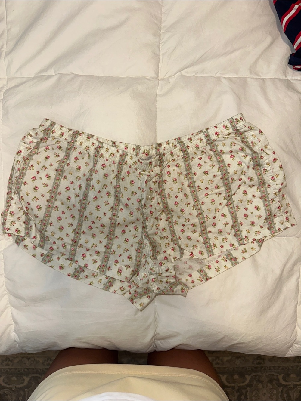 Brandy Melville White Floral Cotton Boxer Shorts with Pink Roses